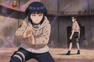 Hinata Hyuga stands again against Neji in the Chunin Exams arena while Naruto shouts encouragement in Naruto Episode 47.