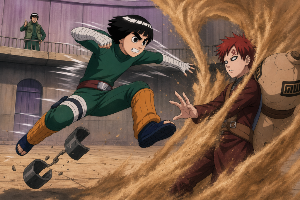 Rock Lee breaks through Gaara's automatic sand defense during the Chunin Exams in Naruto Episode 48.