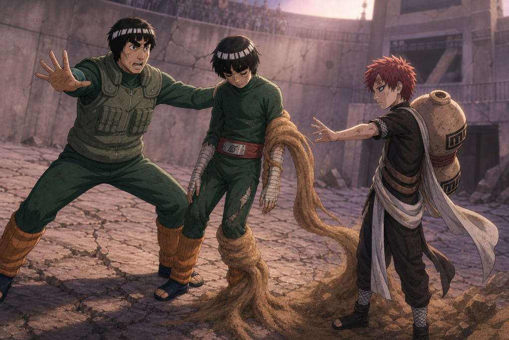 Might Guy protects an unconscious Rock Lee from Gaara in Naruto Episode 50