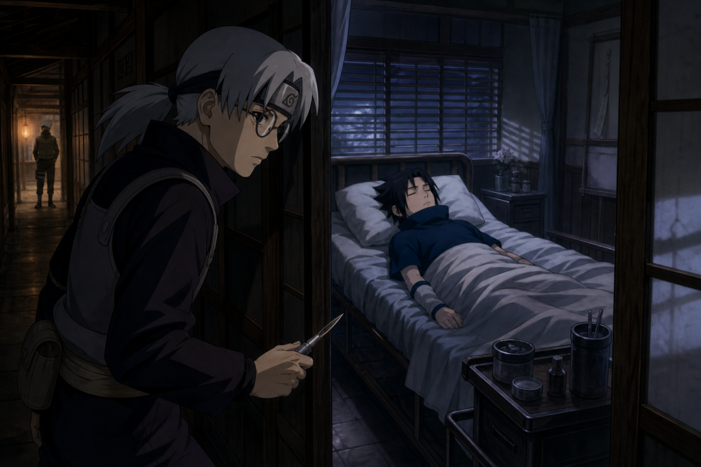 Kabuto approaches an unconscious Sasuke while Kakashi watches in Naruto Episode 51