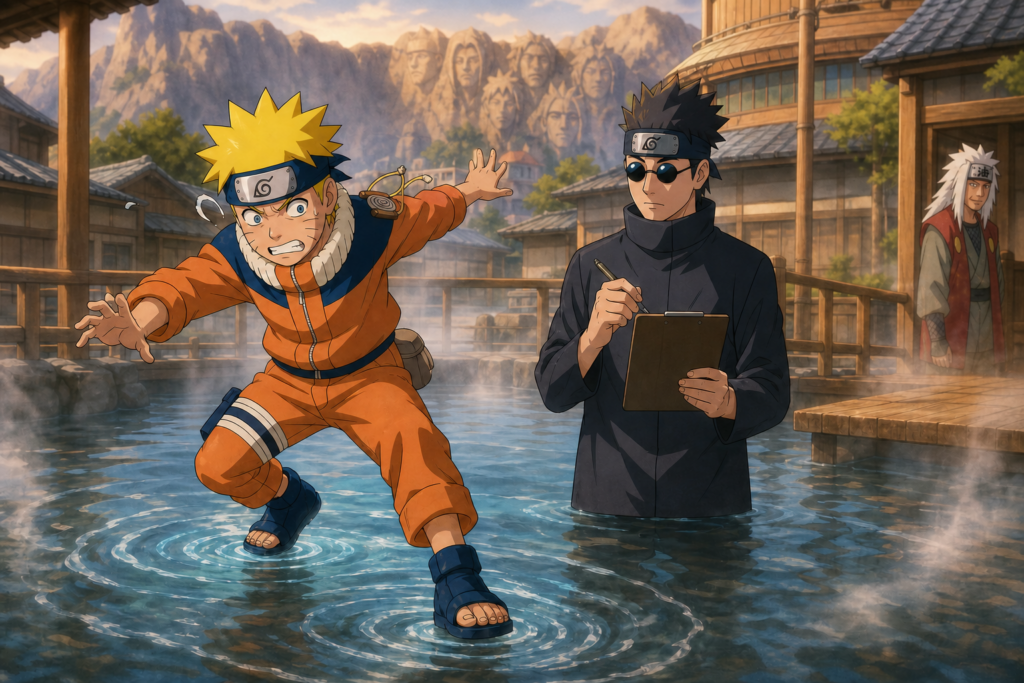 Naruto practices water walking while Ebisu teaches and Jiraiya approaches in Naruto Episode 52