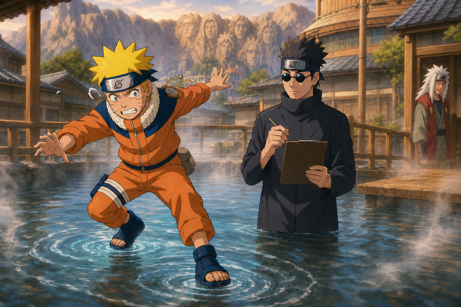Naruto practices water walking while Ebisu teaches and Jiraiya approaches in Naruto Episode 52