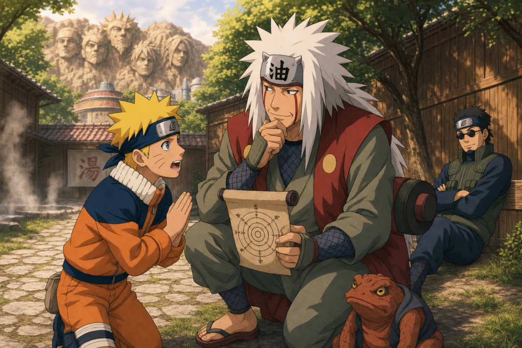Naruto asks Jiraiya to train him while Ebisu rests nearby in Naruto Episode 53