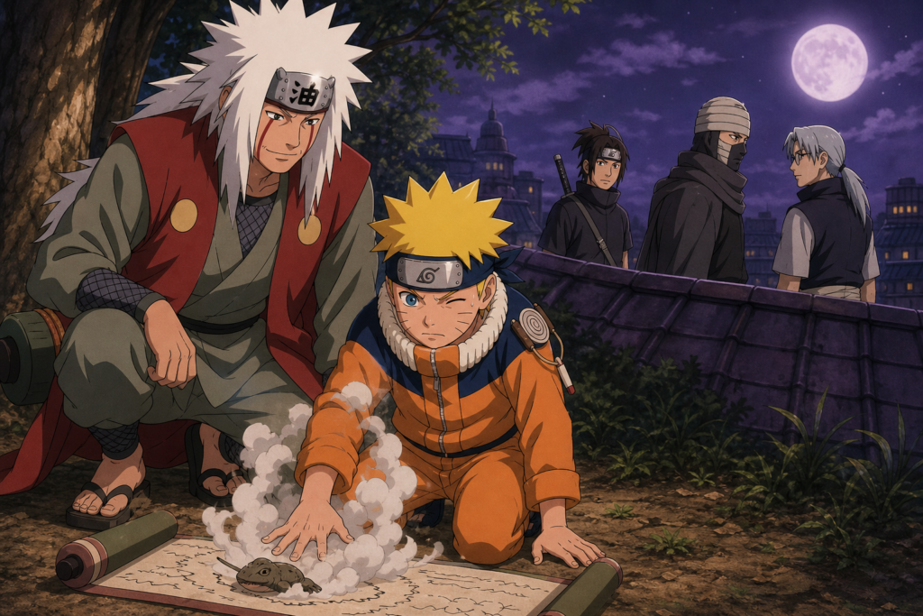 Naruto attempts the Summoning Jutsu beside Jiraiya while Hayate watches Baki and Kabuto in Episode 54