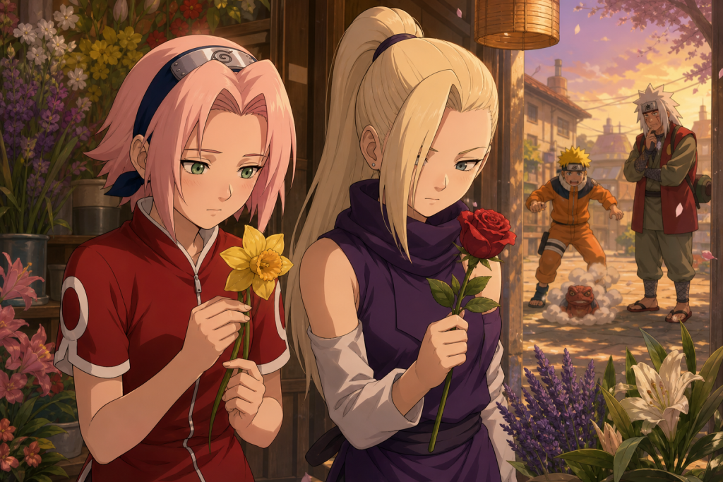 Sakura holds a yellow daffodil beside Ino with a red rose while Naruto practices summoning in Episode 55