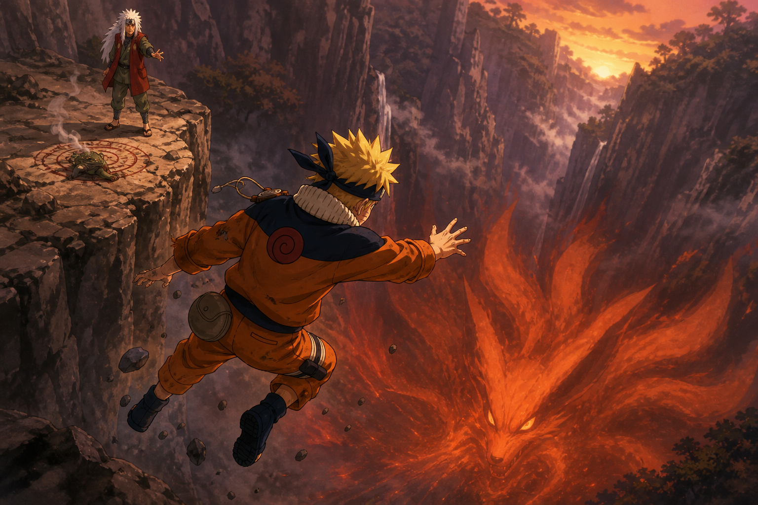 Naruto falls into a ravine toward the Nine-Tails chakra while Jiraiya watches in Naruto Episode 56