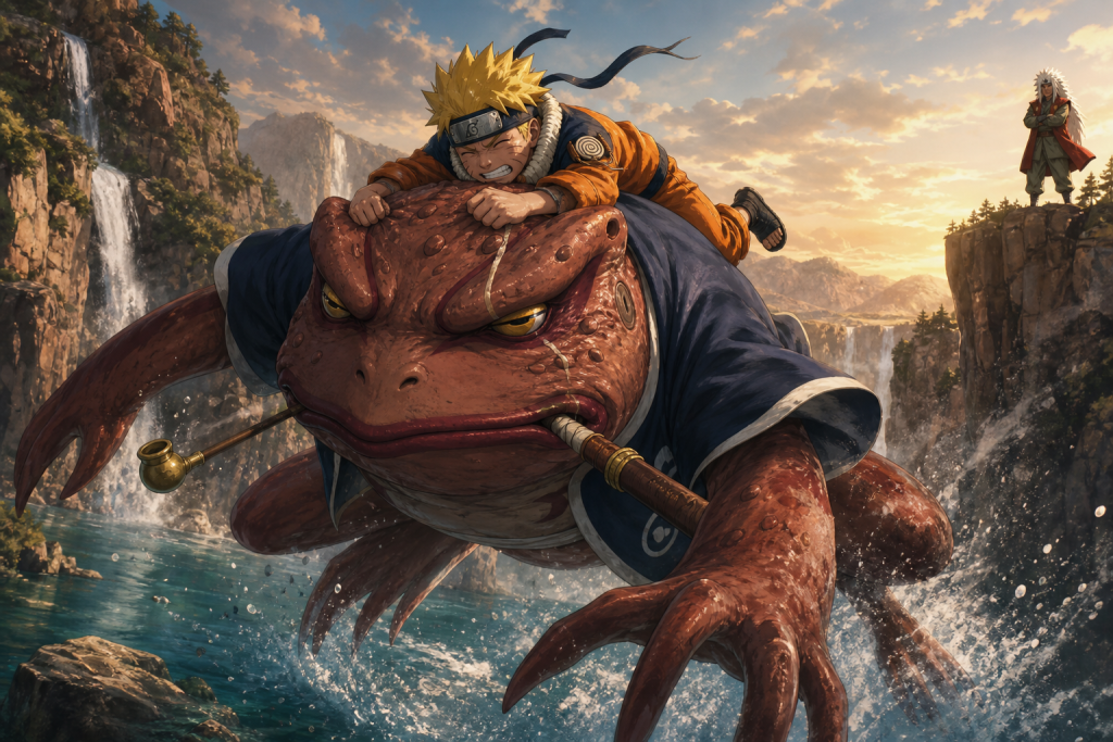 Naruto clings to Gamabunta as the chief toad leaps through a ravine in Naruto Episode 57