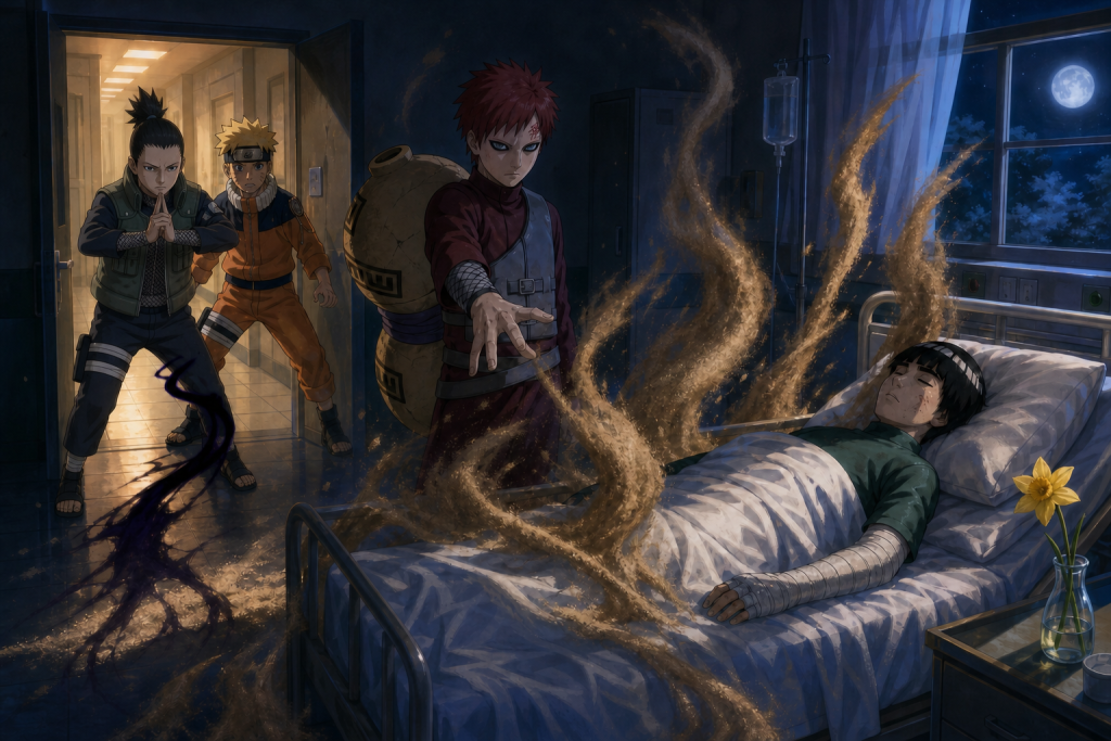 Shikamaru restrains Gaara as sand rises over Rock Lee’s hospital bed in Naruto Episode 58