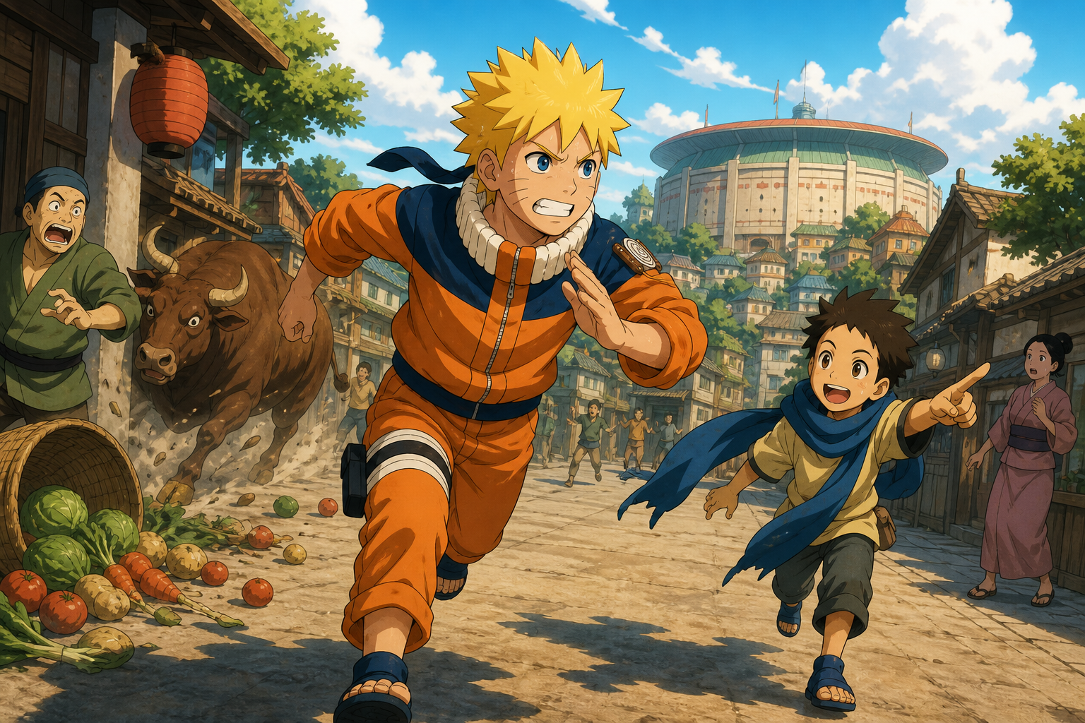 Naruto and Konohamaru race toward the Chunin Exam arena while a bull charges behind them in Episode 59
