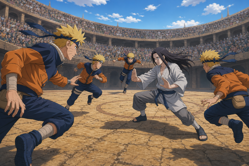 Naruto Shadow Clones surround Neji in the Chunin Exam arena during Episode 60