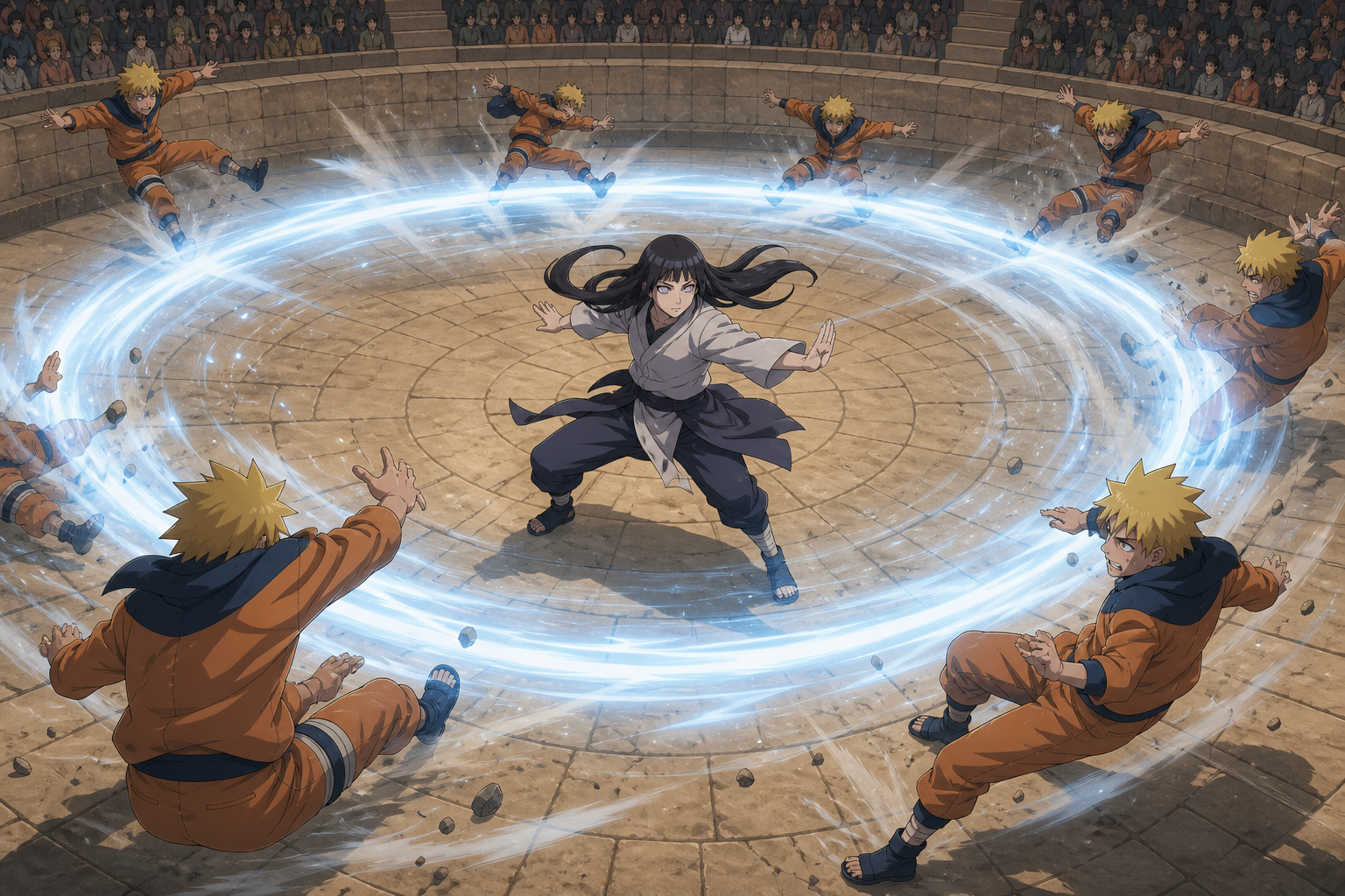 Neji uses Rotation to repel Naruto Shadow Clones in the Chunin Exam arena during Episode 61