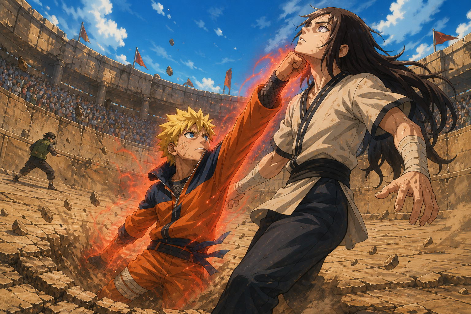 Naruto bursts from beneath the arena and lands a rising punch on Neji in Episode 62