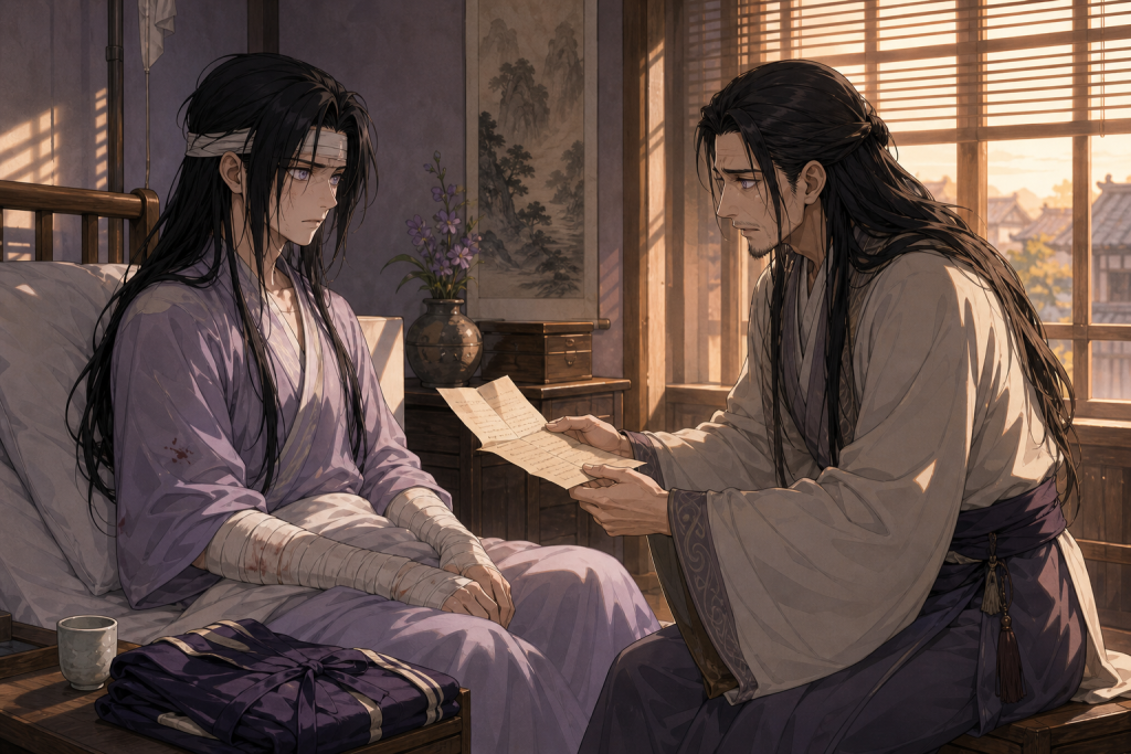 Hiashi kneels beside injured Neji and presents Hizashi’s letter in Naruto Episode 63