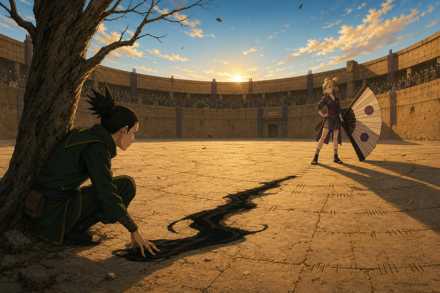 Shikamaru extends his shadow from an arena tree while Temari measures its range in Episode 64