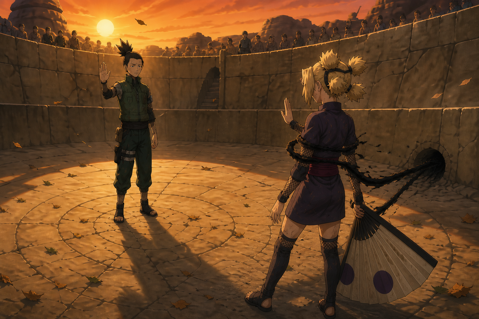 Shikamaru raises his hand to surrender after catching Temari with Shadow Possession in Episode 65