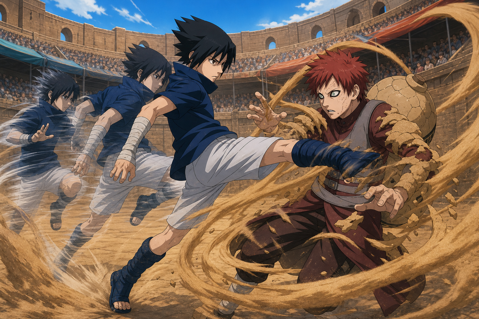 Sasuke uses Lee-style speed to outpace Gaara’s sand defense in Naruto Episode 66