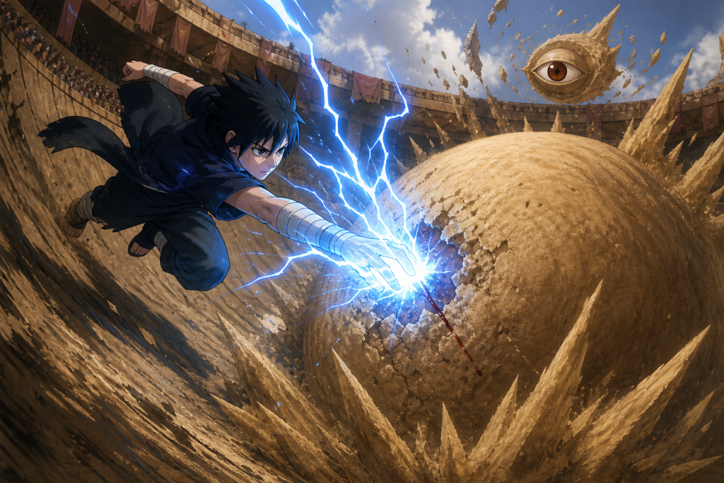 Sasuke drives Chidori through Gaara’s sand sphere in Naruto Episode 67