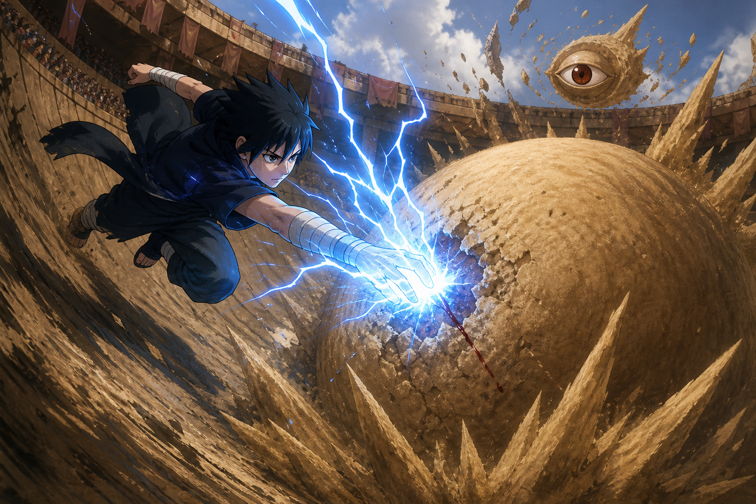 Sasuke drives Chidori through Gaara’s sand sphere in Naruto Episode 67