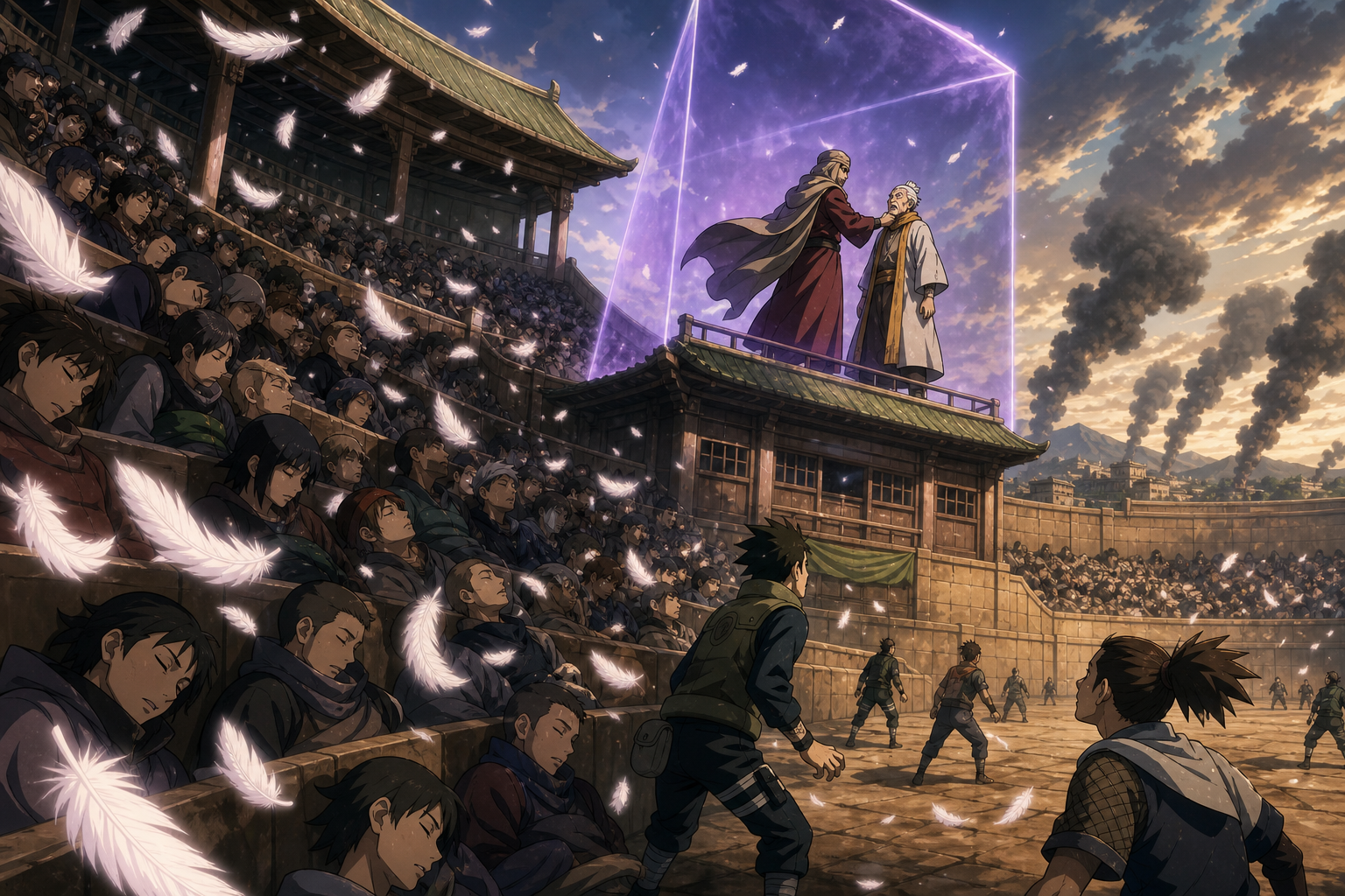 White feathers put the arena crowd to sleep as Orochimaru traps the Third Hokage in Naruto Episode 68