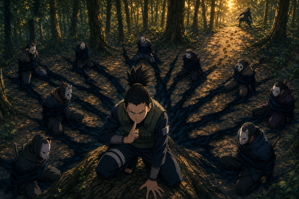 Shikamaru restrains eight Sound pursuers while a ninth waits beyond his shadow trap in Naruto Episode 70