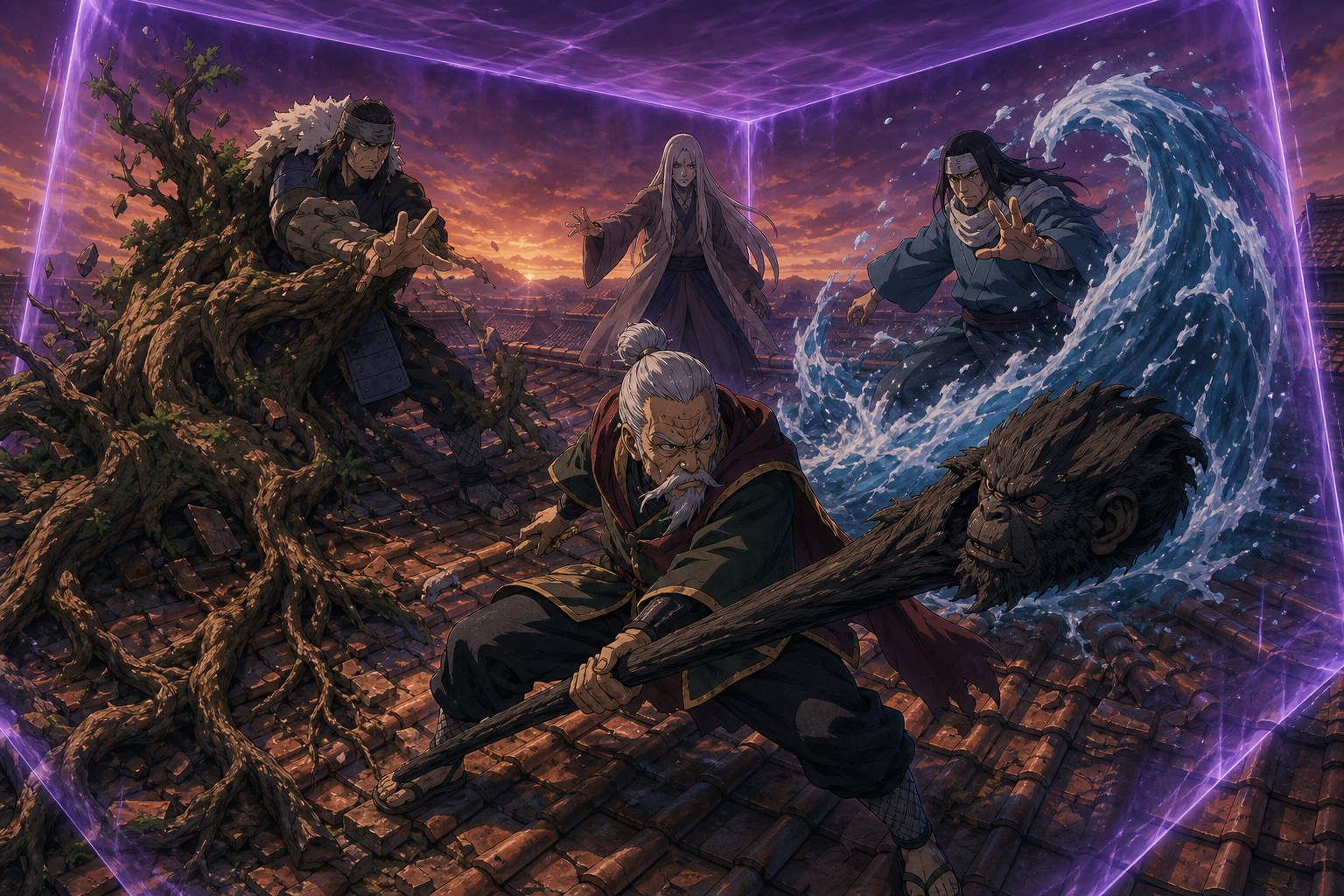 Hiruzen faces two reanimated Hokage and Orochimaru inside the rooftop barrier in Naruto Episode 71
