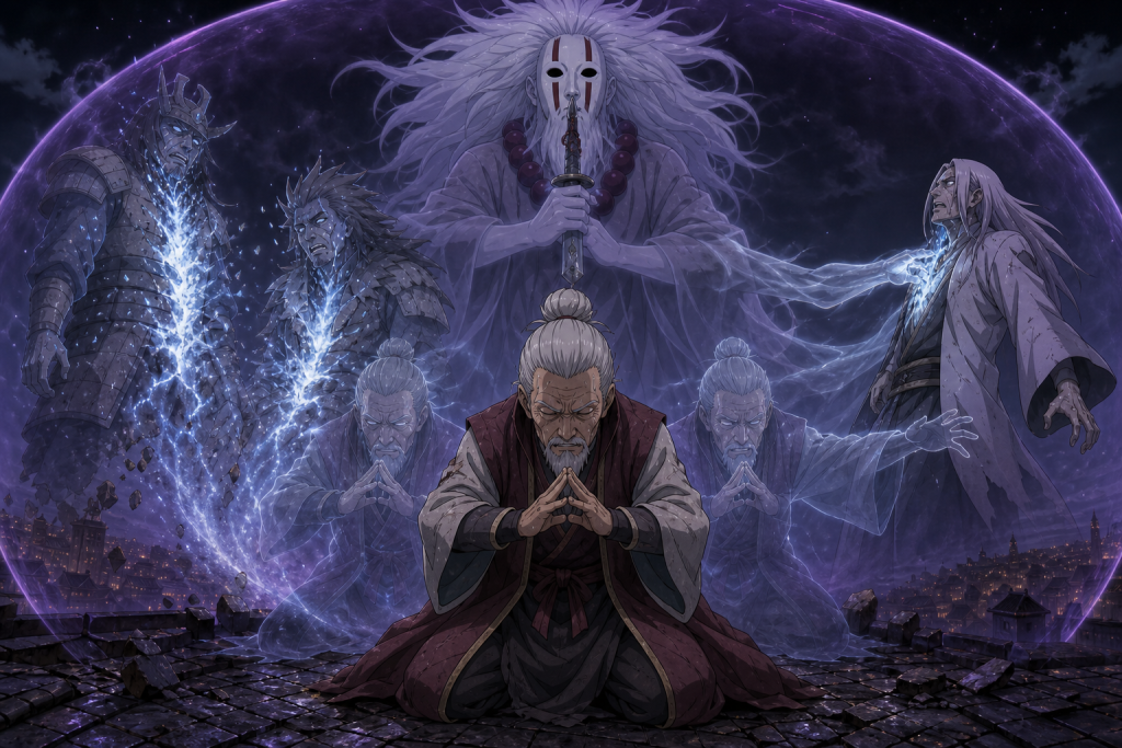 Hiruzen and two shadow clones perform the Reaper Death Seal against three enemies in Naruto Episode 73