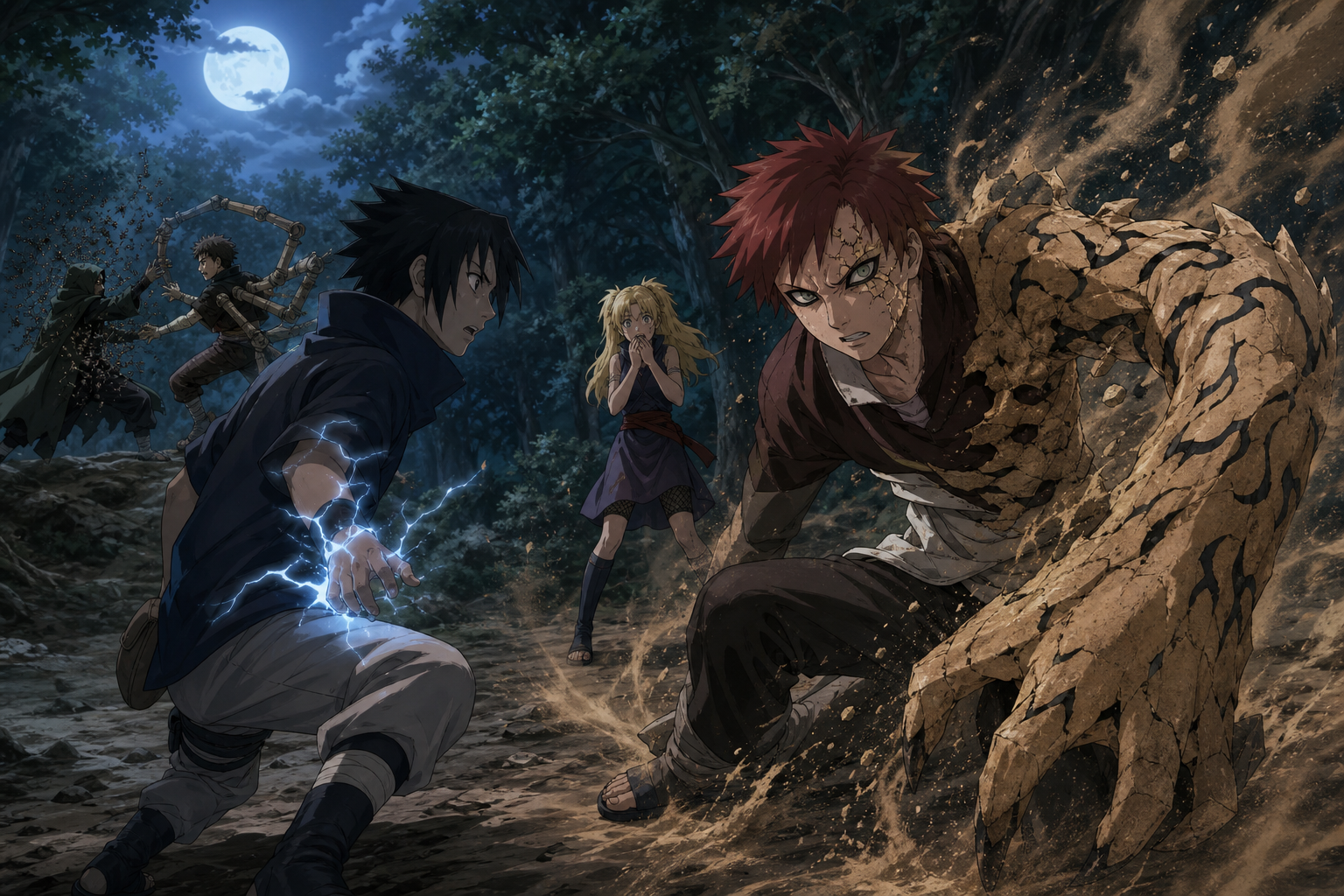 Gaara begins a partial sand transformation before Sasuke while Shino fights Kankuro in Naruto Episode 74
