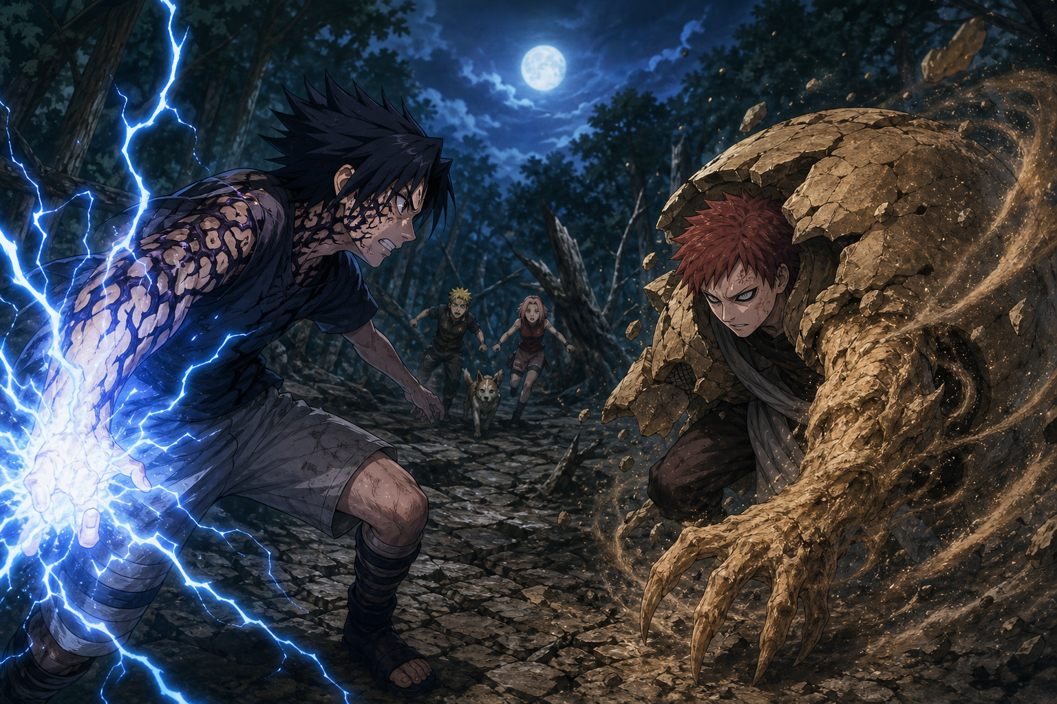 Sasuke uses a curse-powered third Chidori against Gaara’s regenerating sand arm in Naruto Episode 75