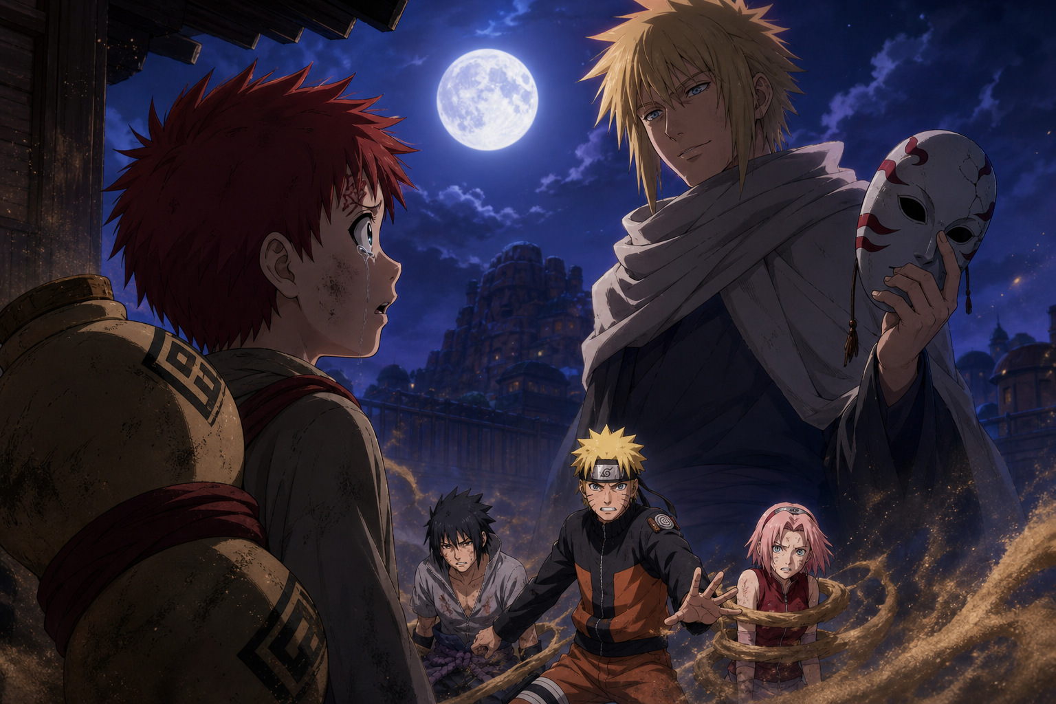 Young Gaara faces Yashamaru holding an assassin mask under the moon in Naruto Episode 76