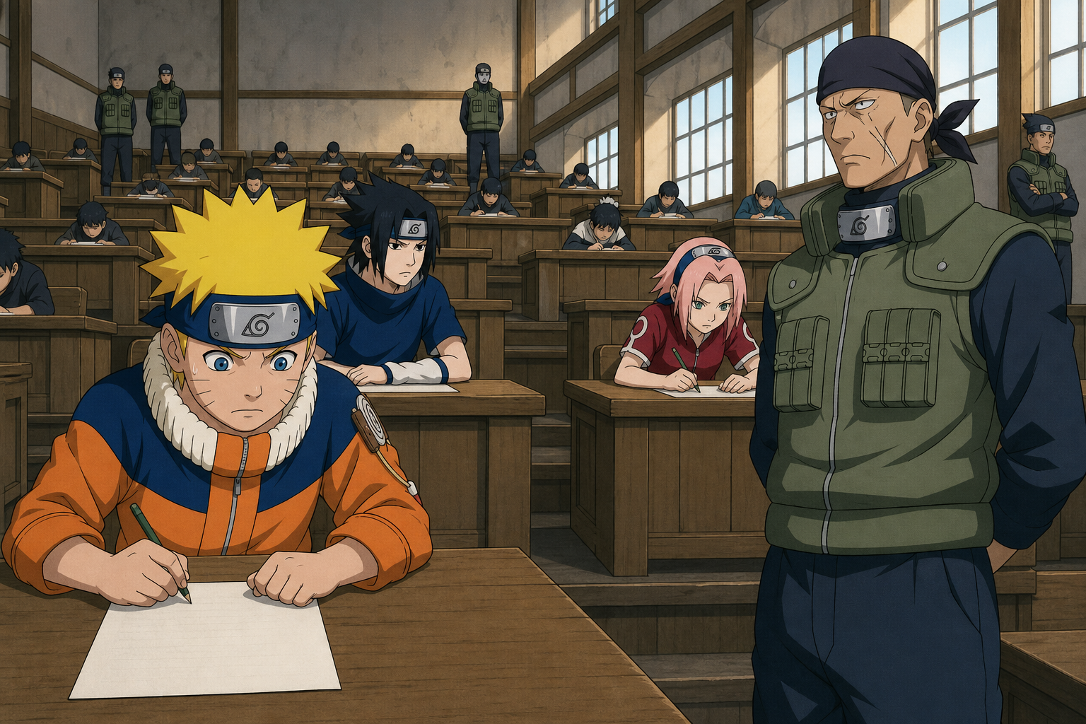 Ibiki Morino watches Naruto, Sasuke and Sakura begin the written Chunin Exam