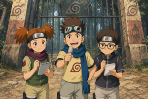 Konohamaru, Moegi and Udon report from outside the Forest of Death for the Ninja Academy newspaper