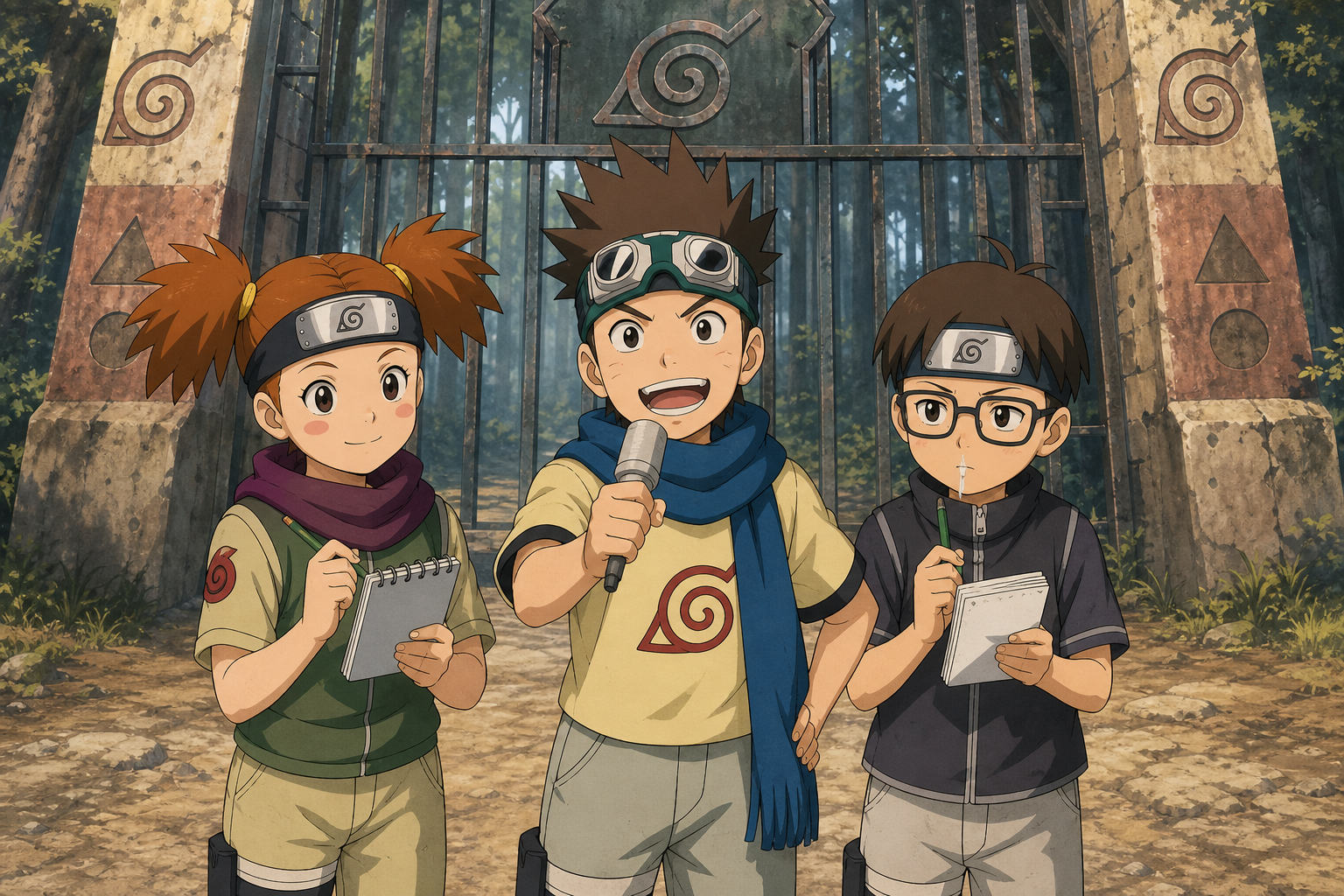 Konohamaru, Moegi and Udon report from outside the Forest of Death for the Ninja Academy newspaper