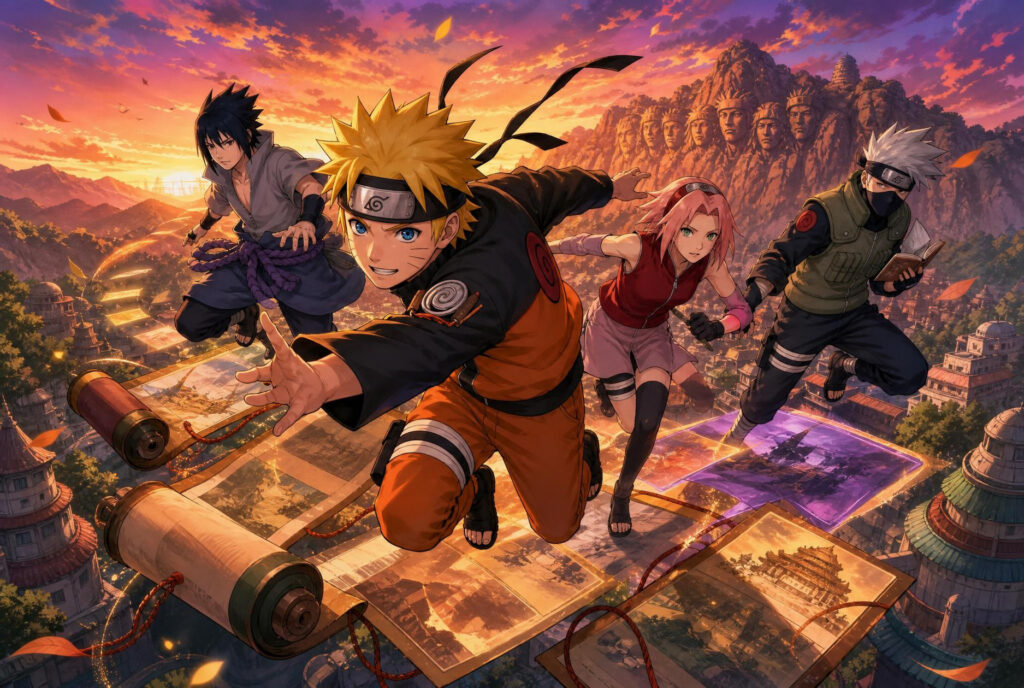 Naruto, Sasuke, Sakura and Kakashi race across Konoha above an open episode map at sunset.