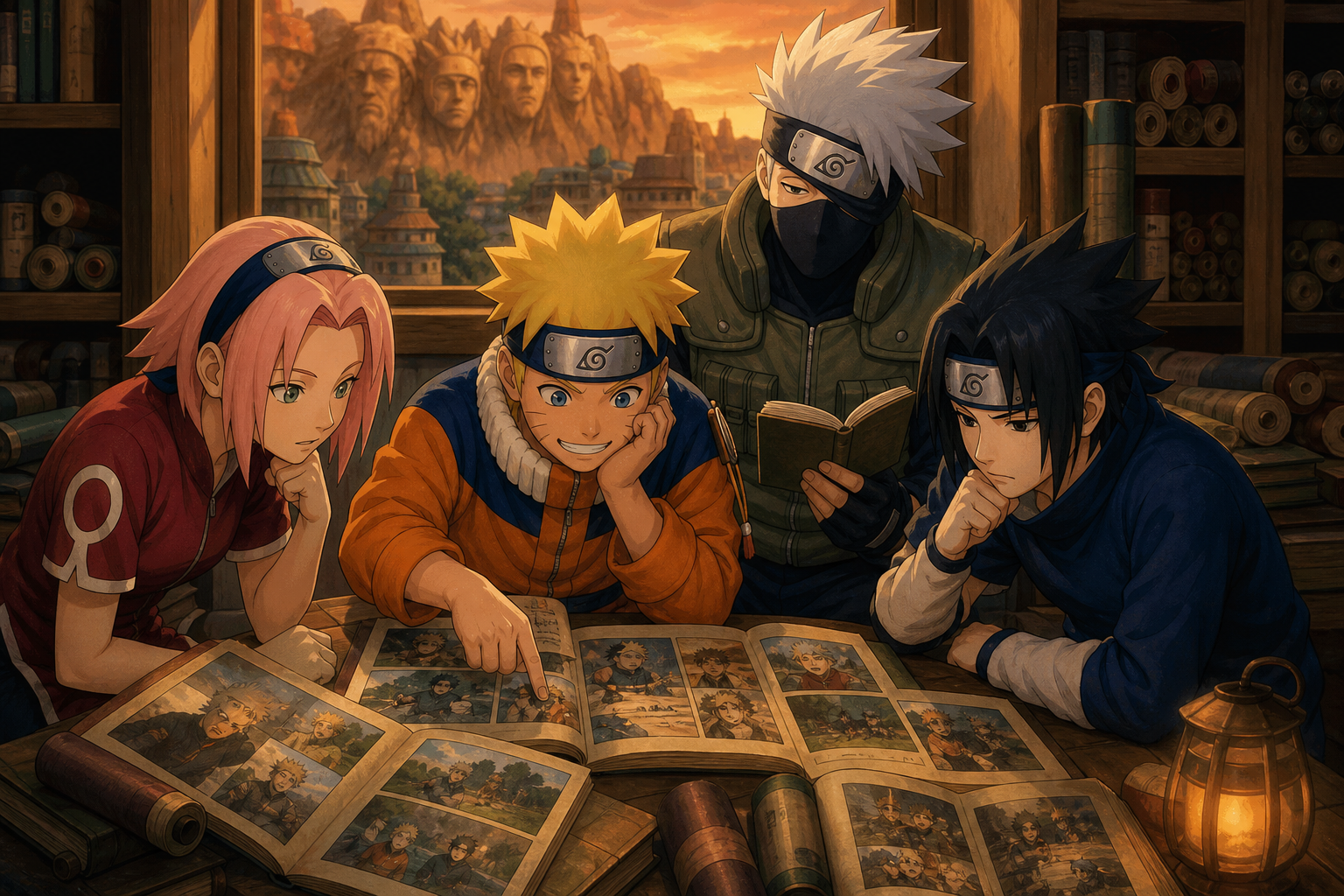 Naruto, Sakura, Sasuke and Kakashi study the original-series episode road