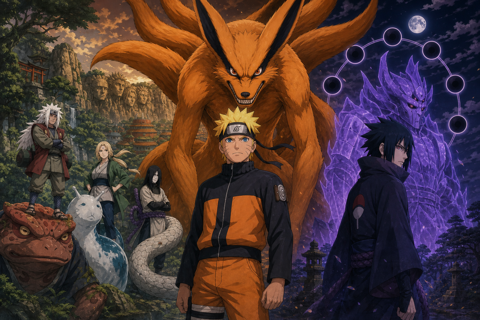 Naruto, Sasuke and Sakura stand beneath fox, toad, snake, Susanoo and Six Paths imagery