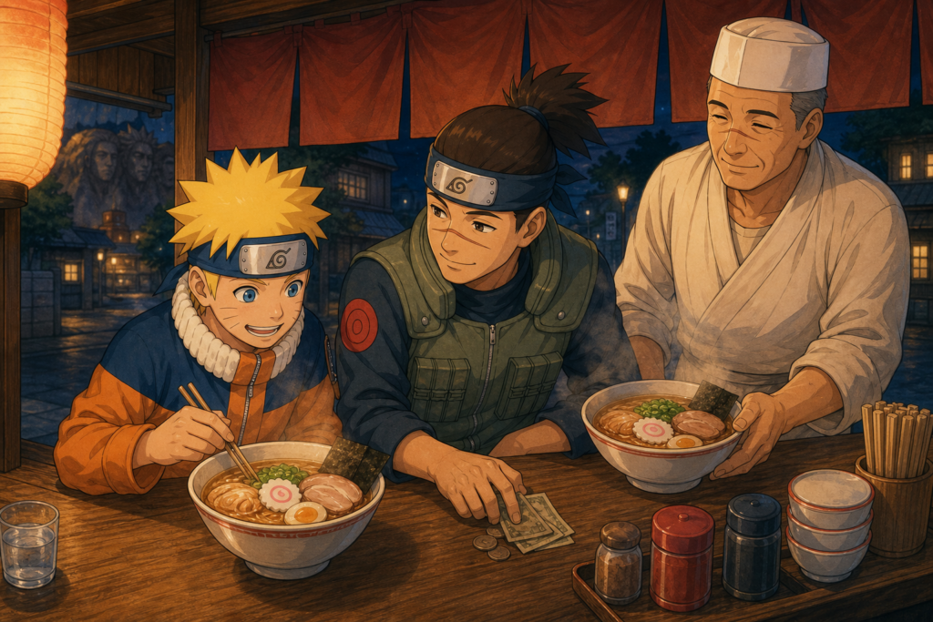 Naruto eats ramen with Iruka while Teuchi serves them at Ichiraku in Konoha