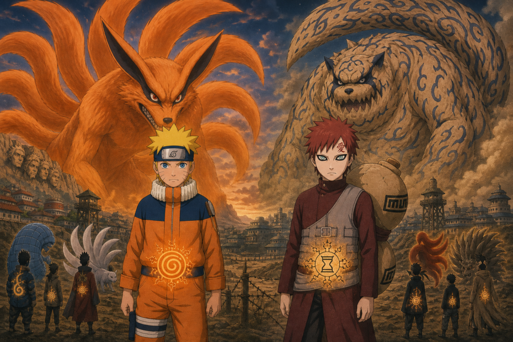 Naruto and Gaara stand before Kurama and Shukaku as hidden villages weaponize jinchuriki