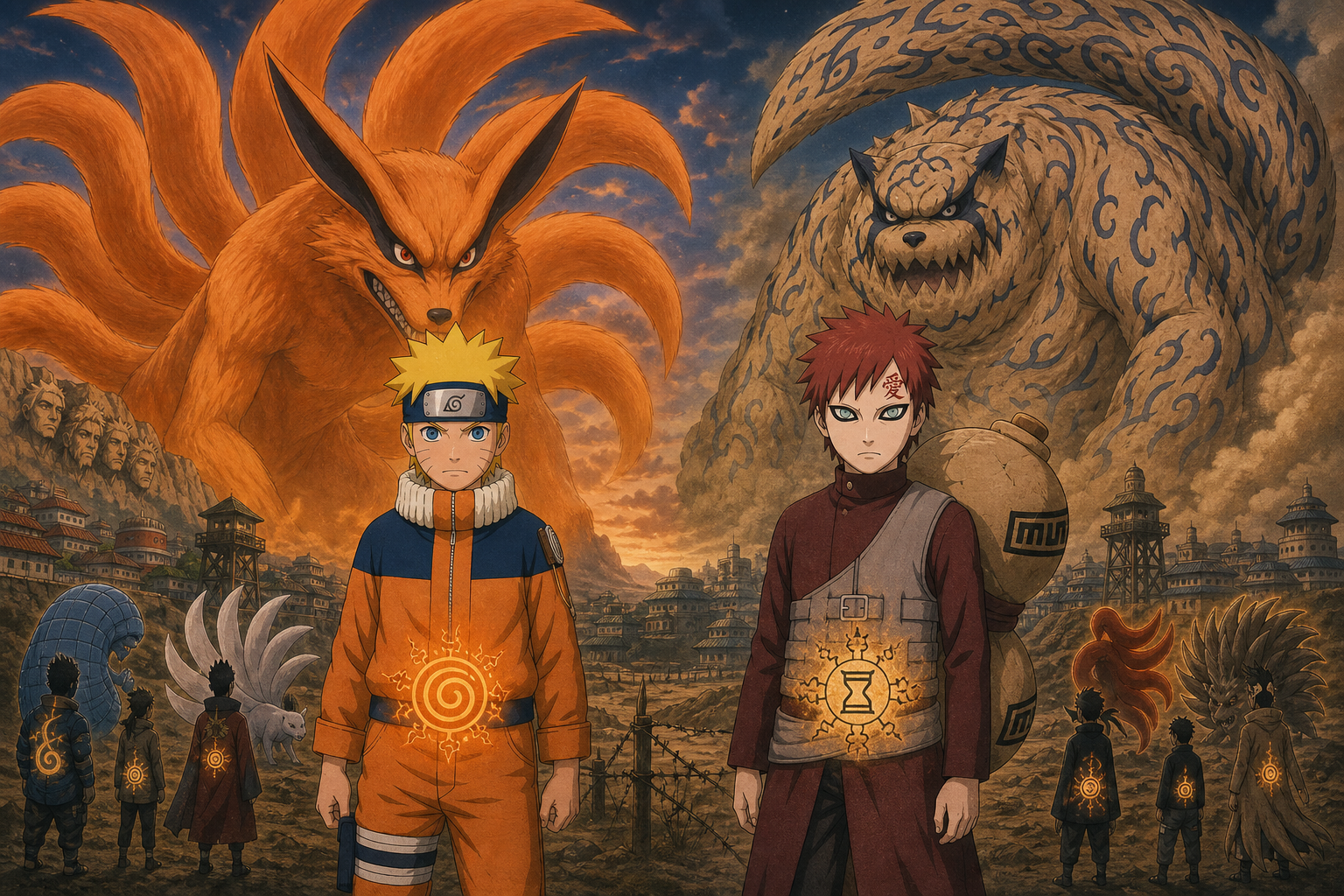 Naruto and Gaara stand before Kurama and Shukaku as hidden villages weaponize jinchuriki