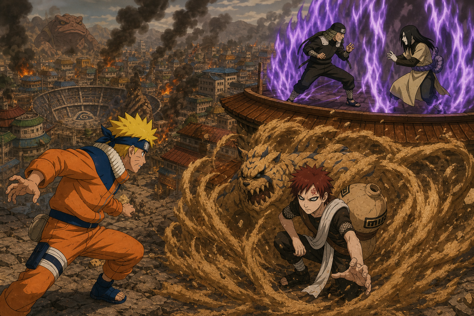 Naruto confronts Gaara and Shukaku while Hiruzen battles Orochimaru inside the Four Violet Flames barrier above an invaded Konoha