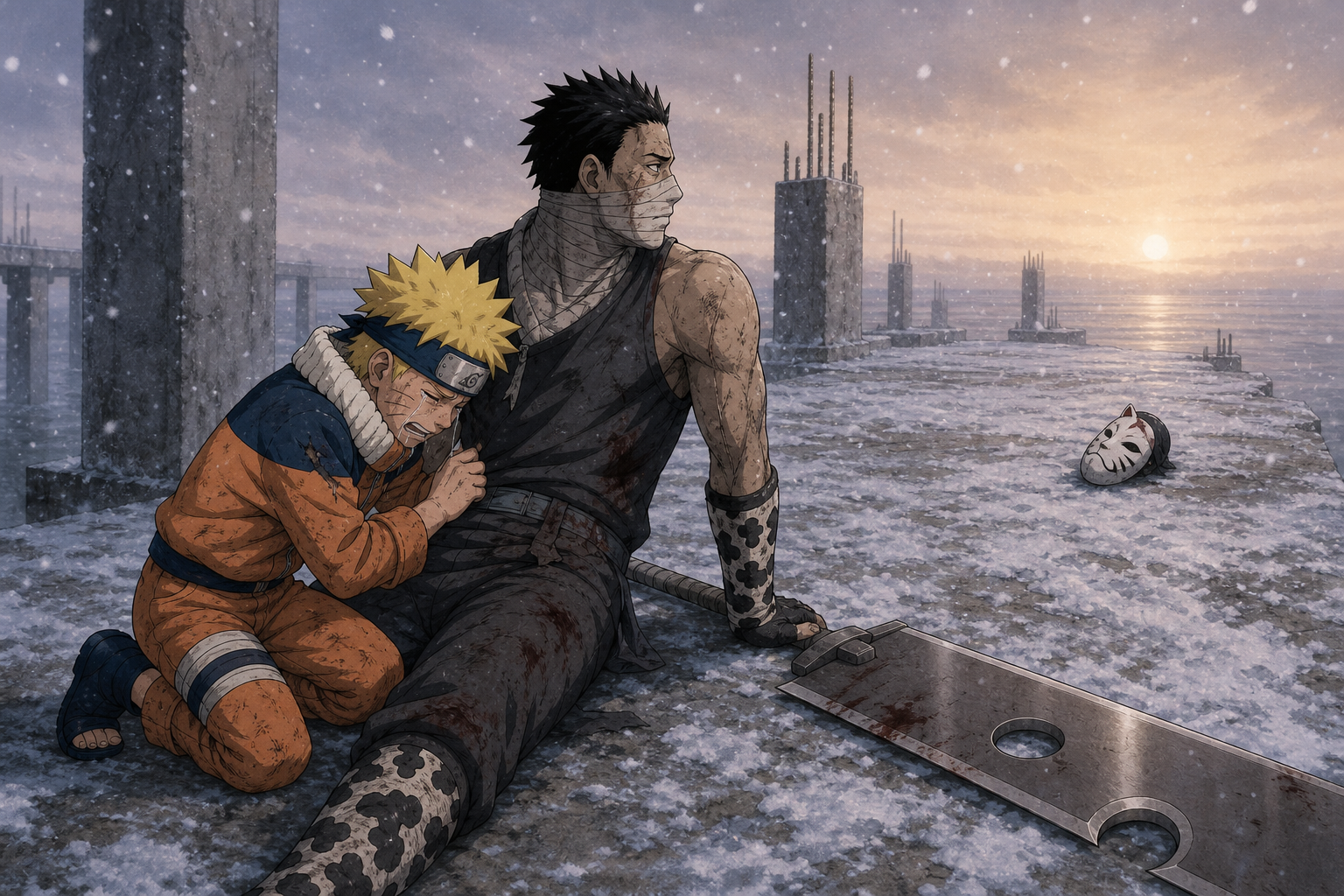 Naruto grieves beside wounded Zabuza on the snowy Great Naruto Bridge as Haku’s hunter-nin mask rests nearby