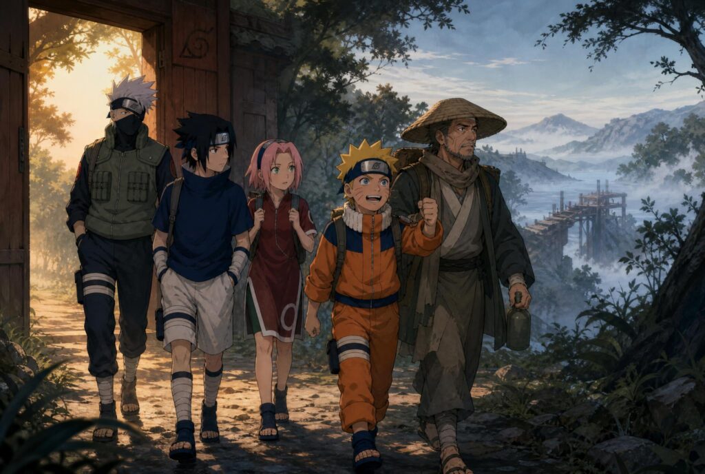 Kakashi, Sasuke, Sakura and Naruto escort bridge builder Tazuna toward the Land of Waves