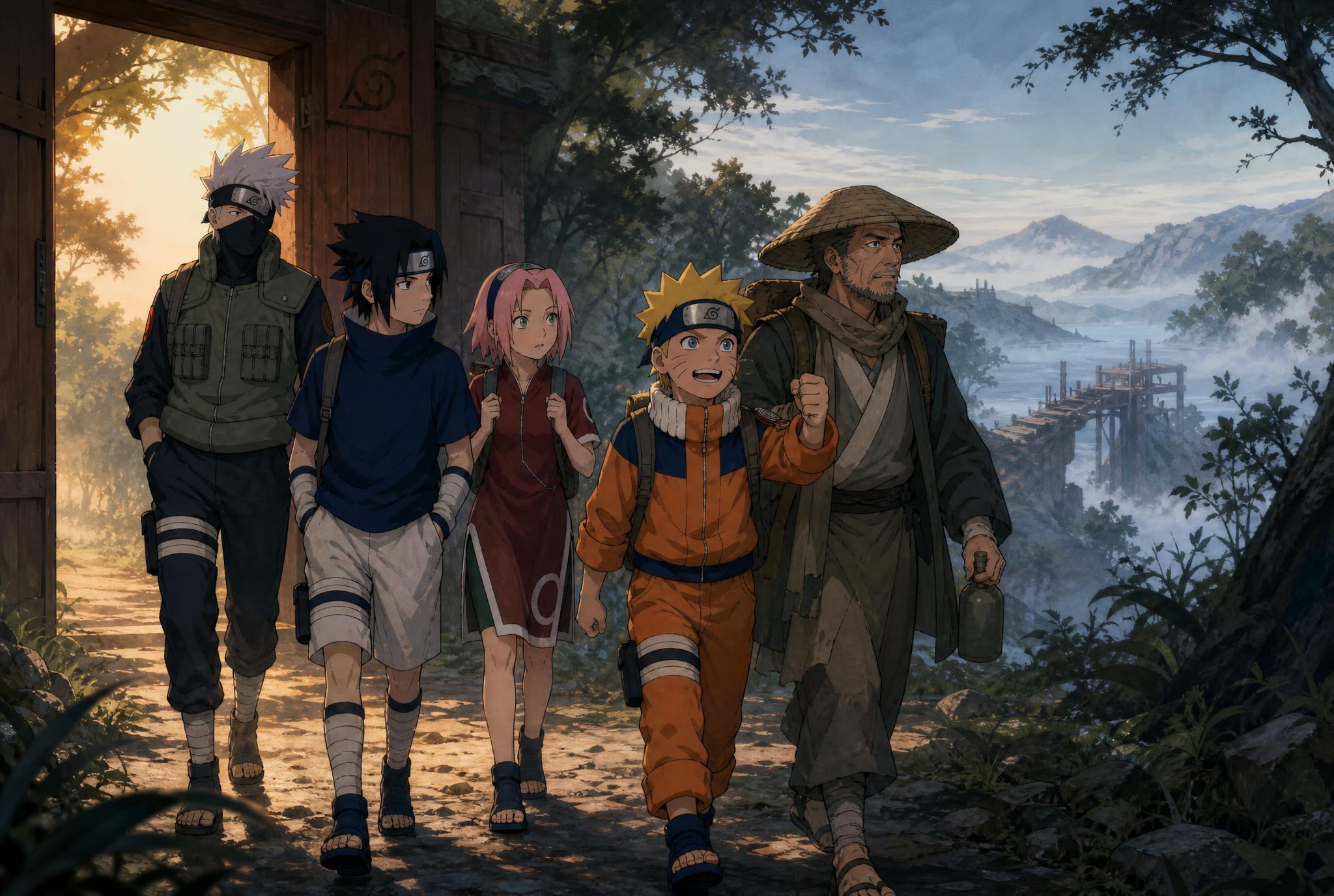 Kakashi, Sasuke, Sakura and Naruto escort bridge builder Tazuna toward the Land of Waves