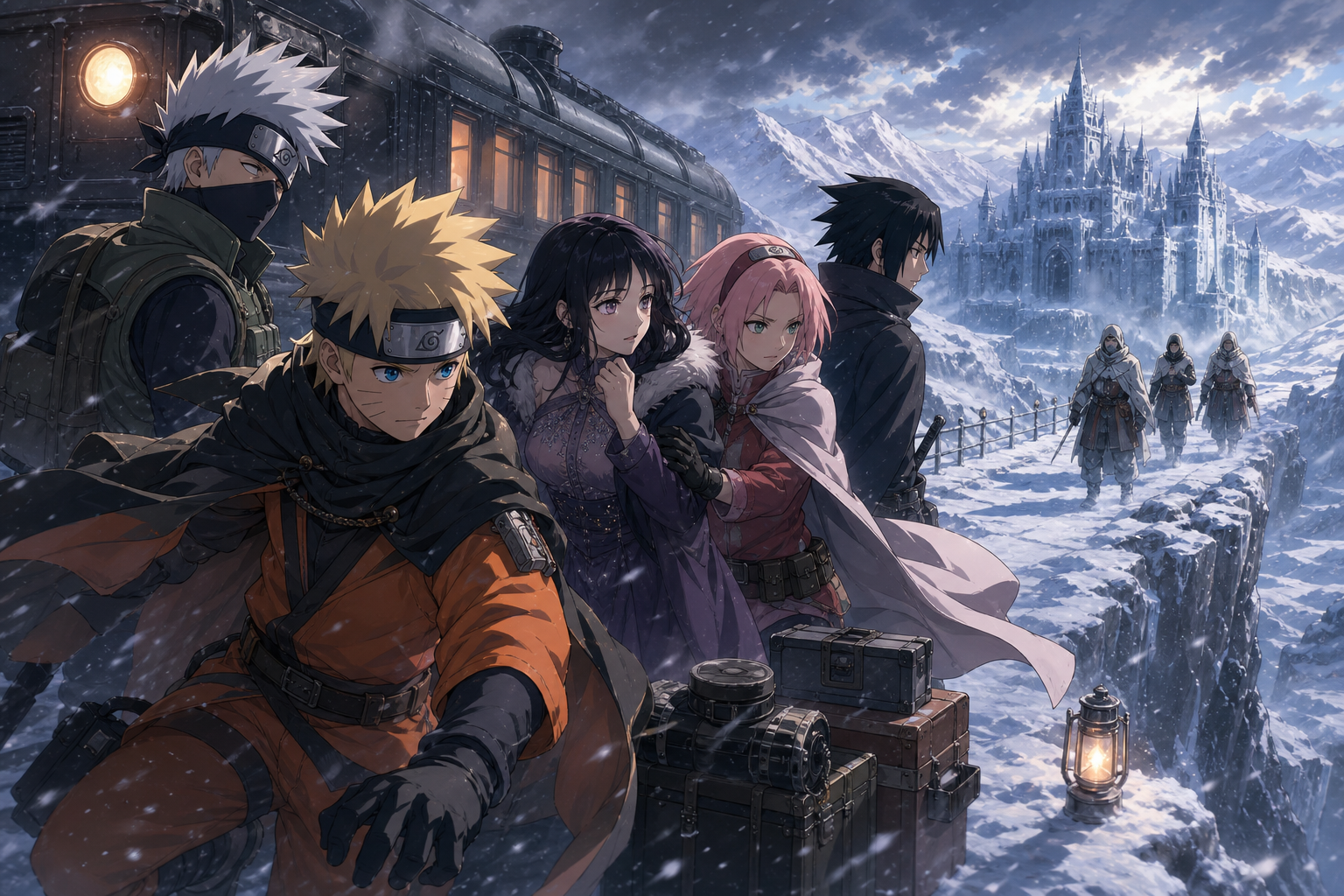 Naruto, Sakura, Sasuke and Kakashi protect actress Yukie Fujikaze during a snowy railway escort mission