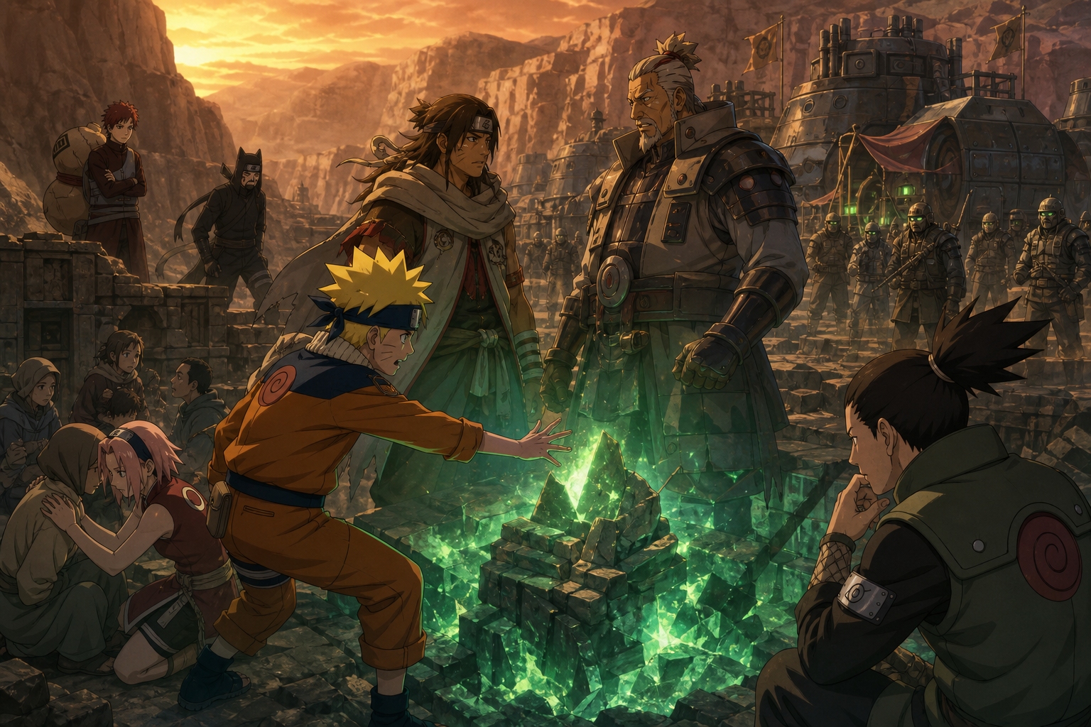 Naruto, Sakura and Shikamaru face Temujin and the Stone of Gelel in ancient desert ruins