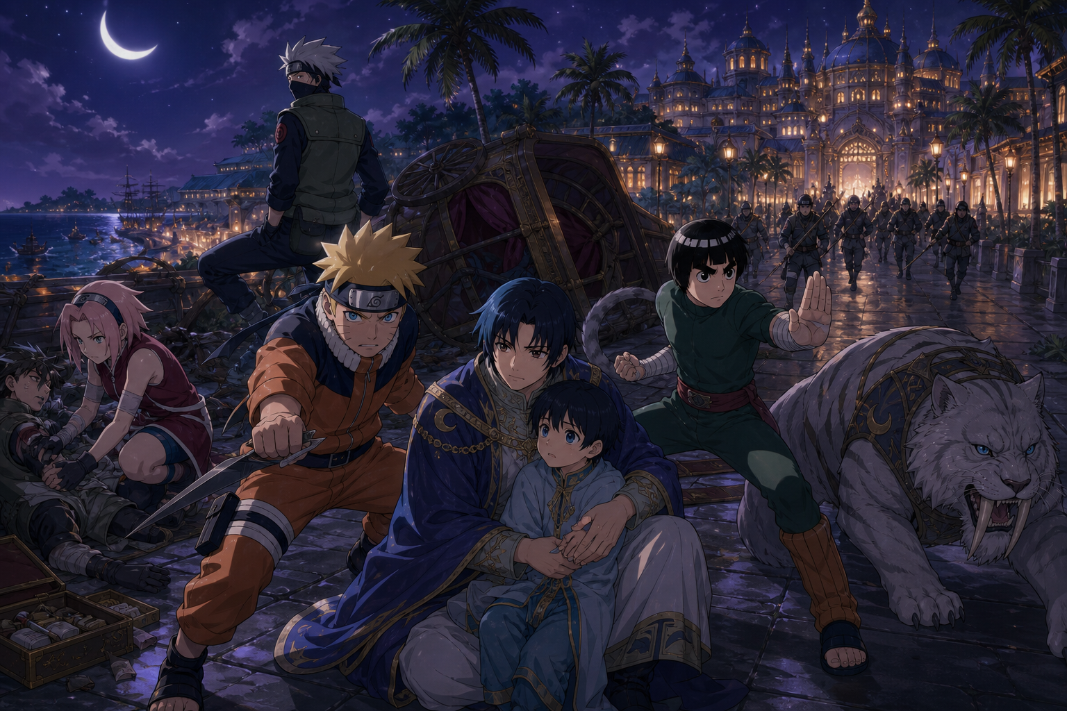 Naruto, Sakura, Rock Lee and Kakashi escort Prince Michiru and Hikaru through the Crescent Moon Kingdom