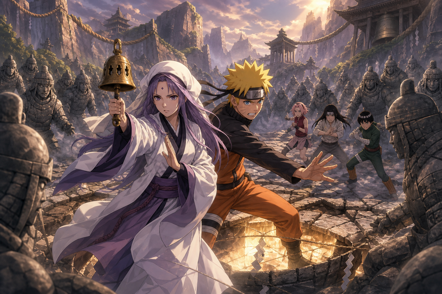 Naruto protects priestess Shion while Sakura, Neji and Rock Lee face a stone army