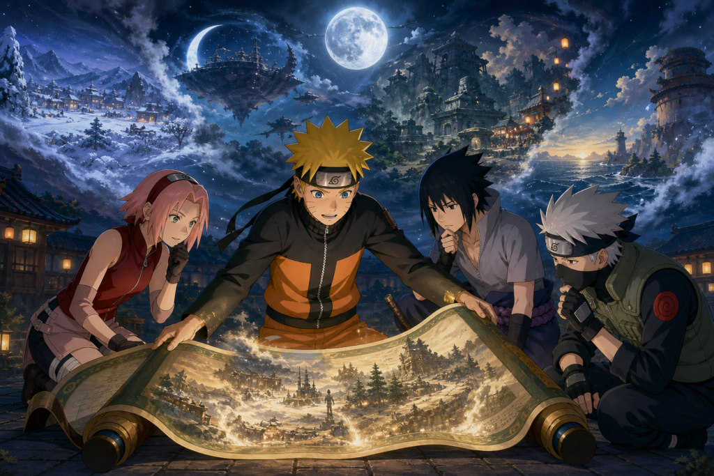 Naruto, Sakura, Sasuke and Kakashi study a cinematic mission scroll surrounded by memories from Naruto movies and specials