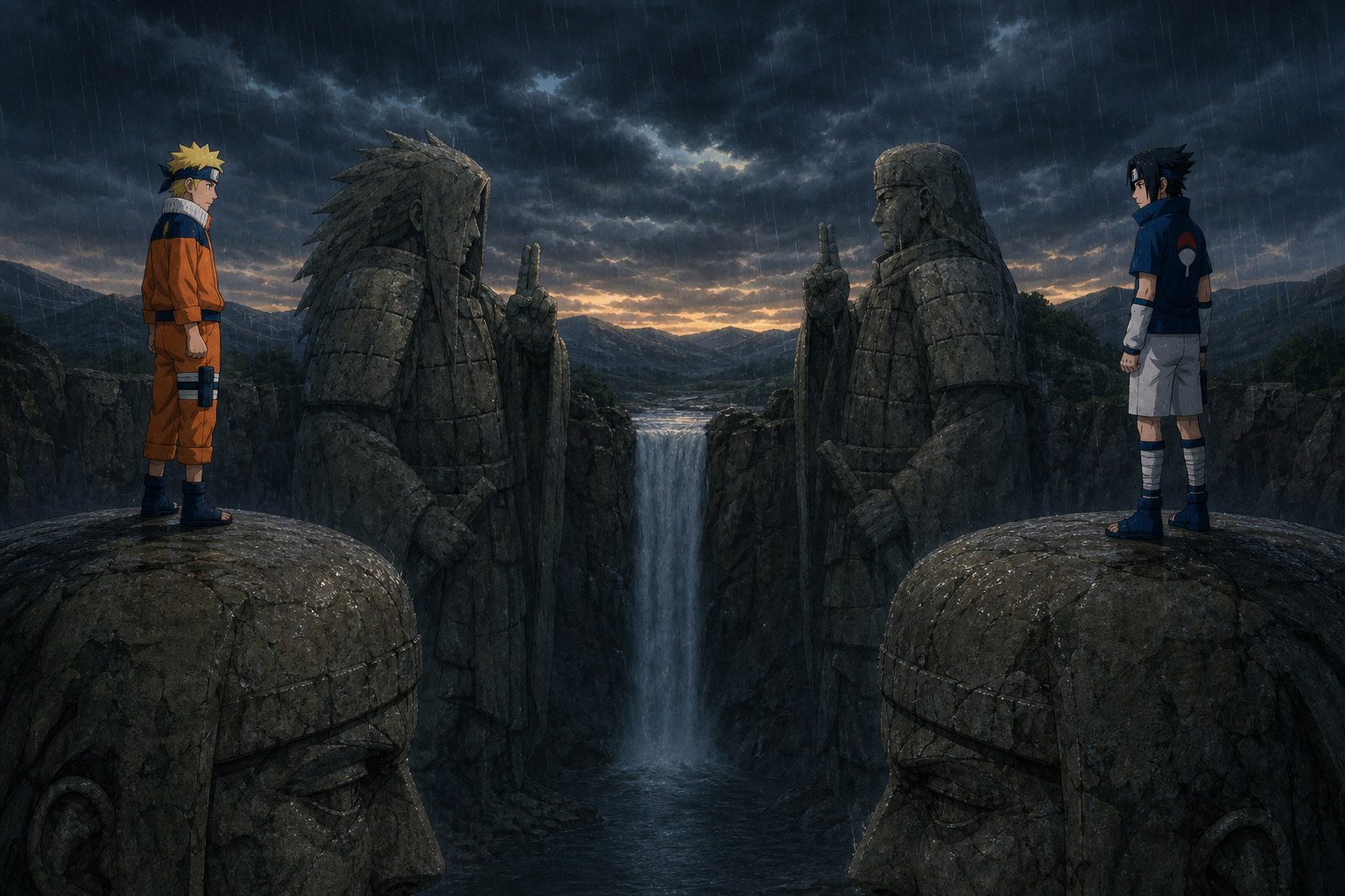 Naruto and Sasuke face one another from opposing statues across the Valley of the End in the rain