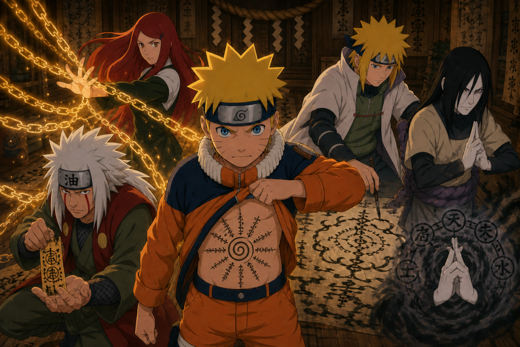 Naruto reveals the Eight Trigrams seal while Kushina, Minato, Jiraiya and Orochimaru demonstrate sealing arts