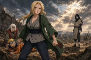 Tsunade stands protectively between injured Naruto and Orochimaru while Jiraiya supports Naruto behind her